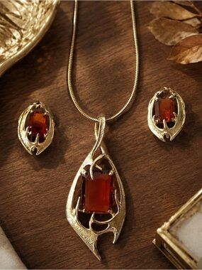 SARAH COVENTRY 1963 Vintage “Molten Topaz” Brutalist Necklace and Clip Earrings